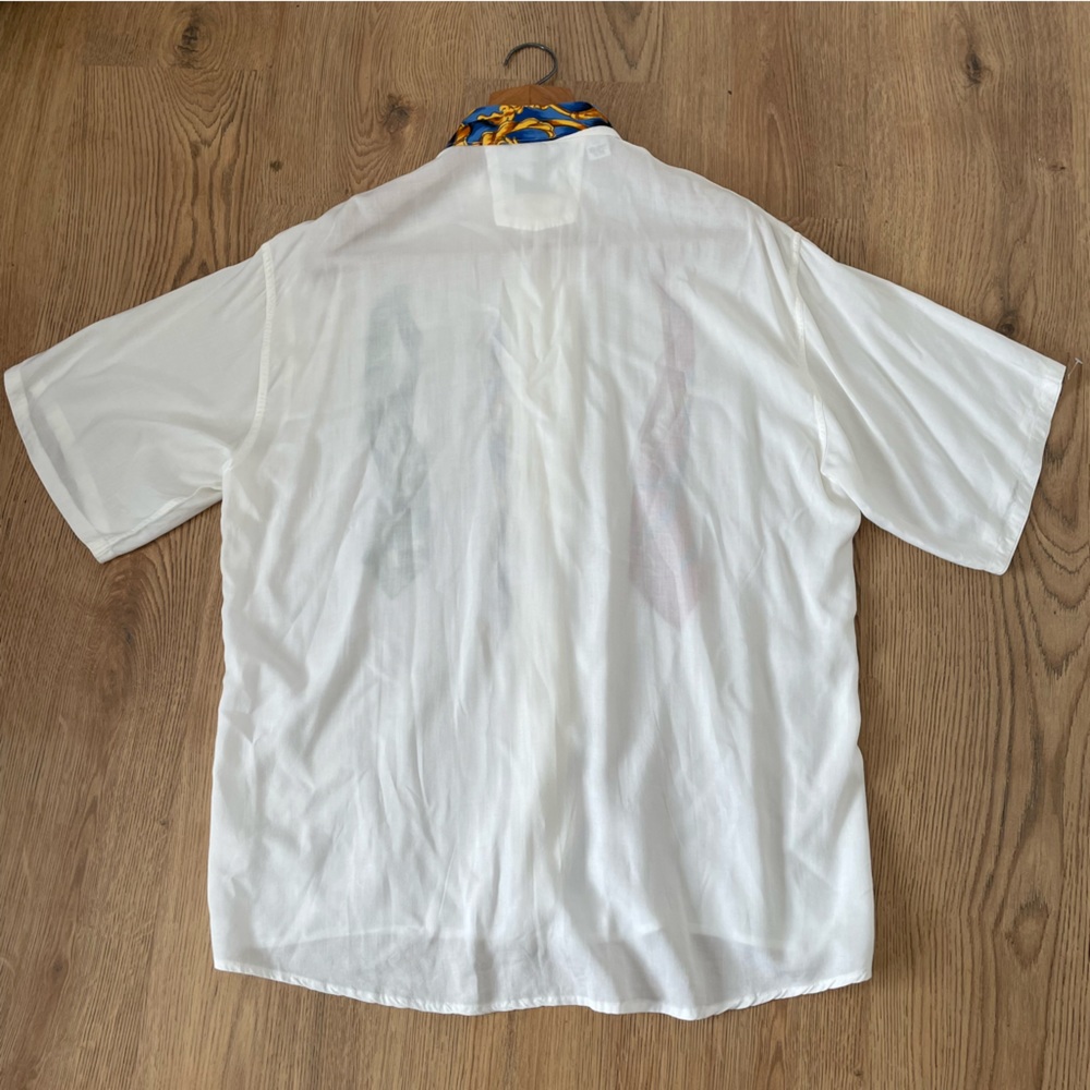 Vintage Hom La Mode Des Gagneurs Tie Print Shirt Size M 46” White Multi Quirky - Picture 7 of 10
